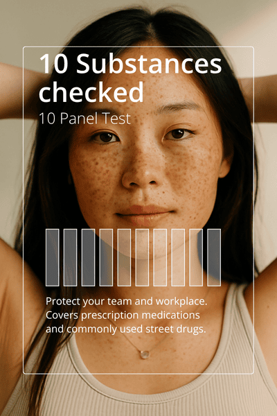 10-panel Test Asian woman with freckles shown with a calm, alert expression. Image represents drug testing used to protect safety, prevent misuse, and support hiring decisions.