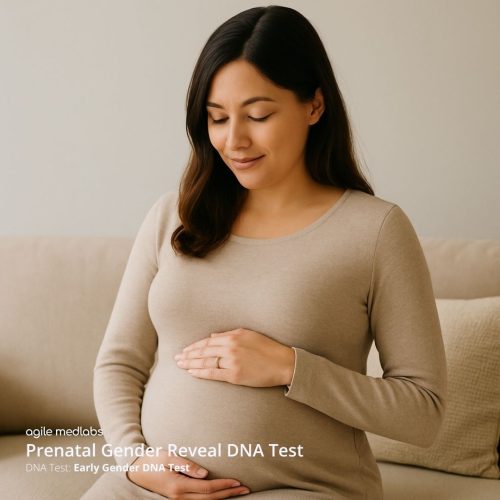 Pregnant woman holding belly with a soft smile, seated in a calming neutral space — used for Prenatal Gender Reveal DNA Test at Agile MedLabs.
