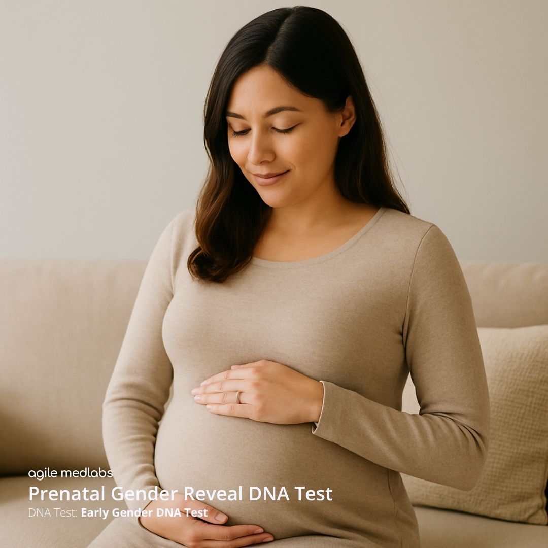 Pregnant woman holding belly with a soft smile, seated in a calming neutral space — used for Prenatal Gender Reveal DNA Test at Agile MedLabs.