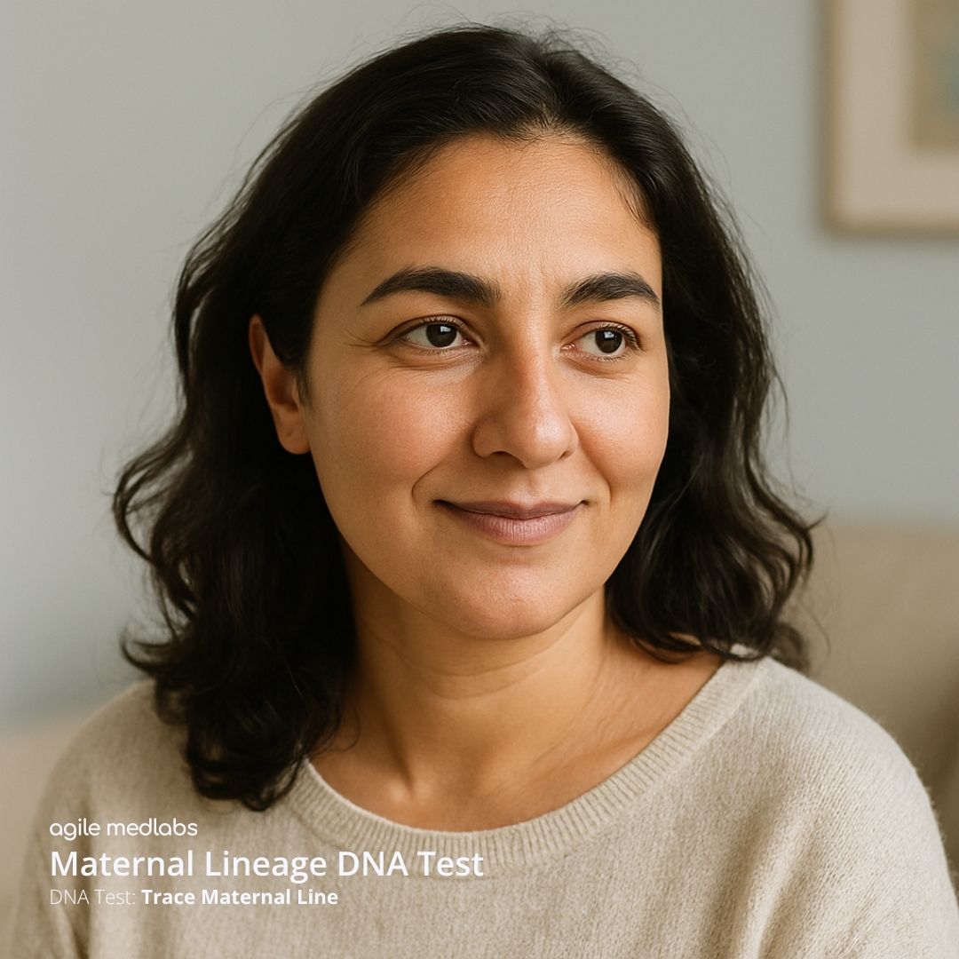 Woman or adult child of any gender in soft lighting, subtle connection to maternal lineage — warm, natural setting with no clinical background.