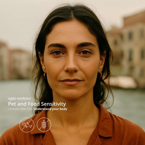Woman in brown blouse takes a Home DNA Pet and Food Sensitivity test kit learning more about her body and paying attention to her overall wellness.