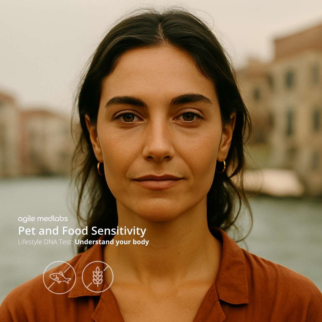 Pet-and-food-sensitivity-test Woman in brown blouse takes a Home DNA Pet and Food Sensitivity test kit learning more about her body and paying attention to her overall wellness.