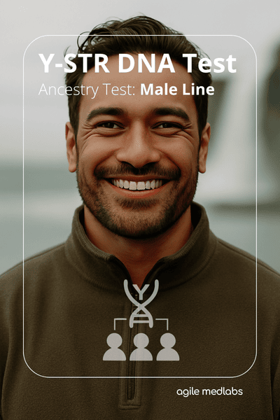 Y-STR DNA Test Test card with image of male. Traces direct paternal lineage using Y-chromosome data. Helpful in ancestry research or cases where the father is unavailable. *Male-only. Lineage-focused. Legal-grade.