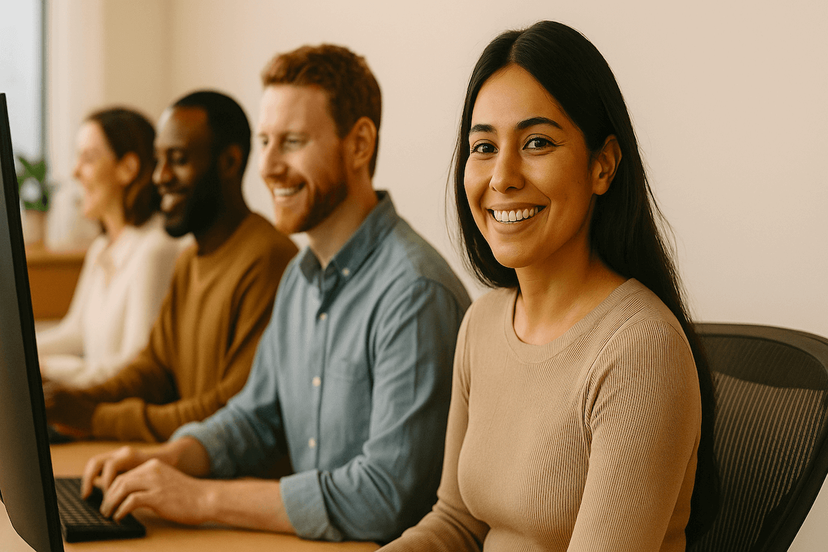 Four diverse professionals collaborating in a softly lit modern office, all smiling while working at desktop computers
