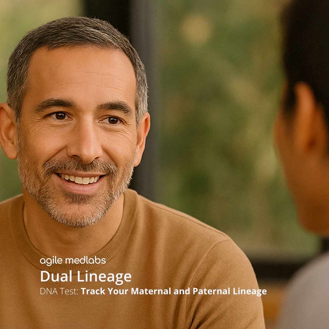 DNA ancestry test kit for males featuring maternal and paternal lineage insights from Agile MedLabs, shown with men talking.