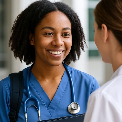 nursing school student in blue scrubs